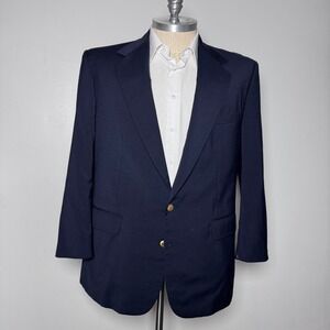 Corbin Ltd Blazer Mens 46R Navy Blue Solid Wool Two Button Gold Tone Made in USA